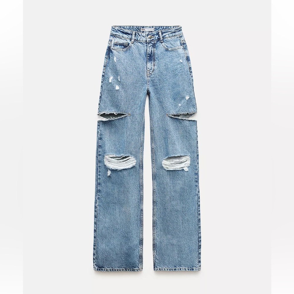 Zara Z1975 MID WAIST RIPPED CUT OUT STRAIGHT LEG JEANS MID-BLUE - REF. 6164/85